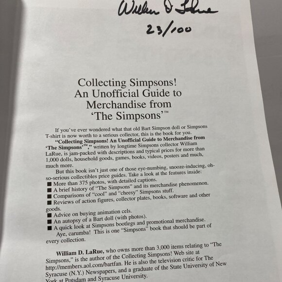 Collecting Simpsons! William D LaRue signed & Numbered 23/100 Simpsons Merchand - Picture 5 of 5